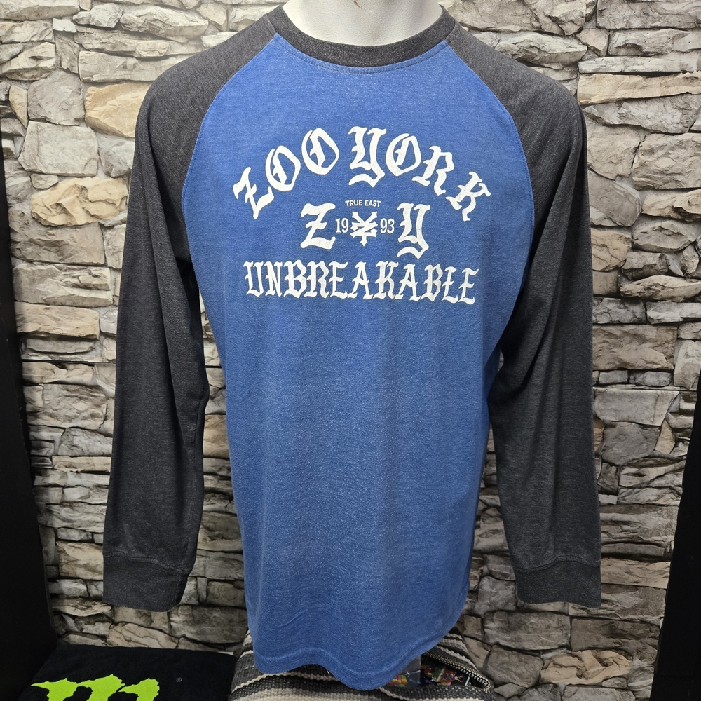 Zoo York Unbreakable Blue and Black Raglan Tee XL Unisex Long Sleeve Tri Color